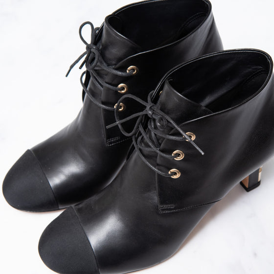 Chanel Black Leather Lace Up Ankle Boots