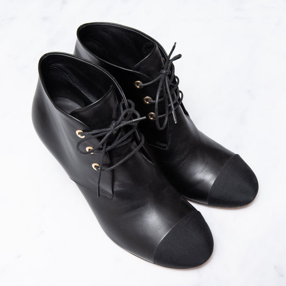 Chanel Black Leather Lace Up Ankle Boots