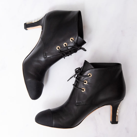 Chanel Black Leather Lace Up Ankle Boots