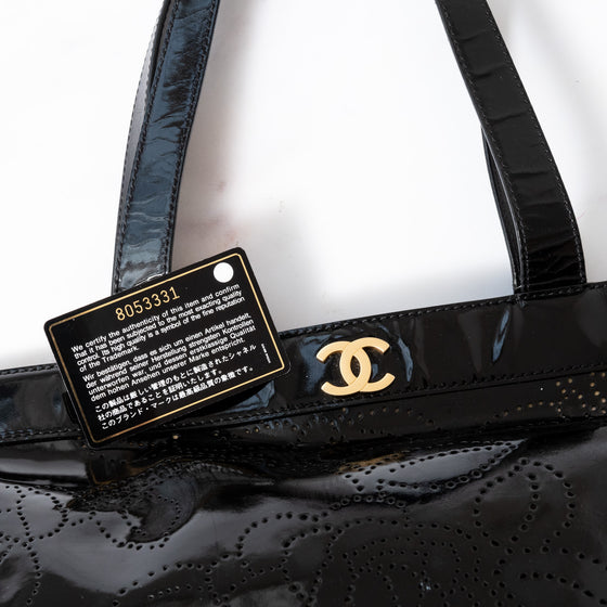 Chanel Black Patent Perforated Camellia Tote Black