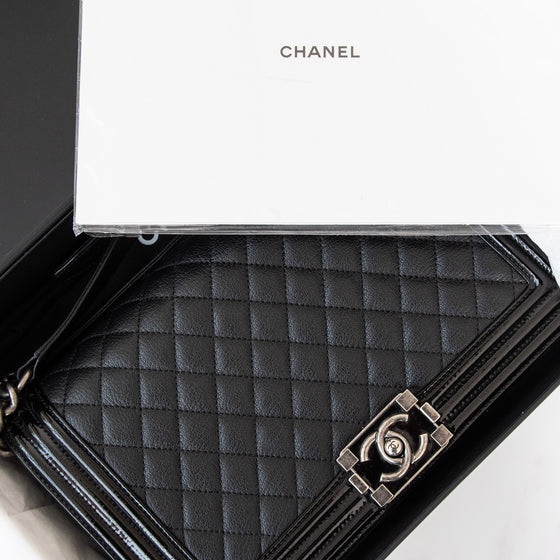 Chanel Classic Black Leather And Patent Trim Medium Boy Bag