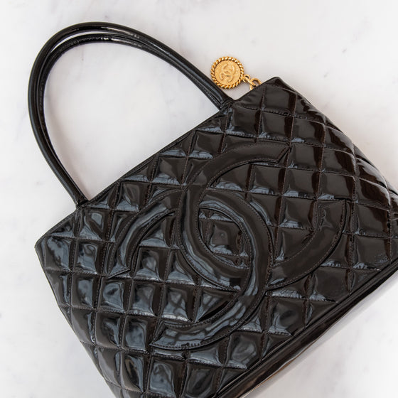 Chanel Vintage Black Quilted Patent Leather  Medallion Tote Bag