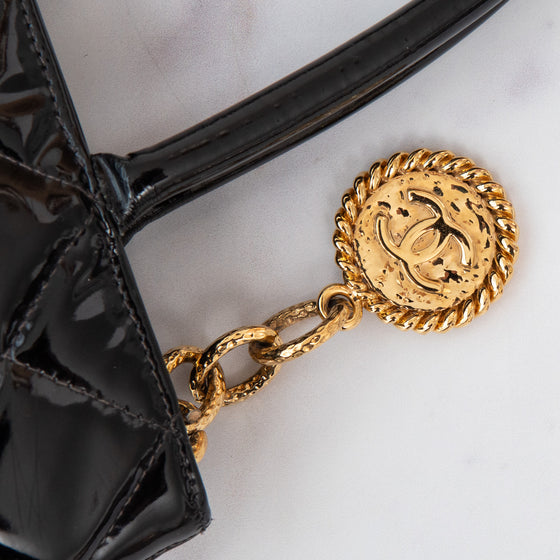 Chanel Vintage Black Quilted Patent Leather  Medallion Tote Bag