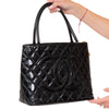 Chanel Vintage Black Quilted Patent Leather  Medallion Tote Bag