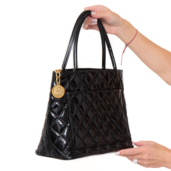 Chanel Vintage Black Quilted Patent Leather  Medallion Tote Bag