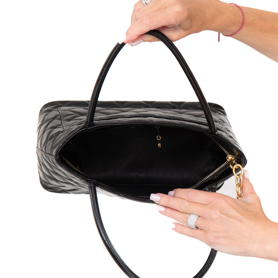 Chanel Vintage Black Quilted Patent Leather  Medallion Tote Bag