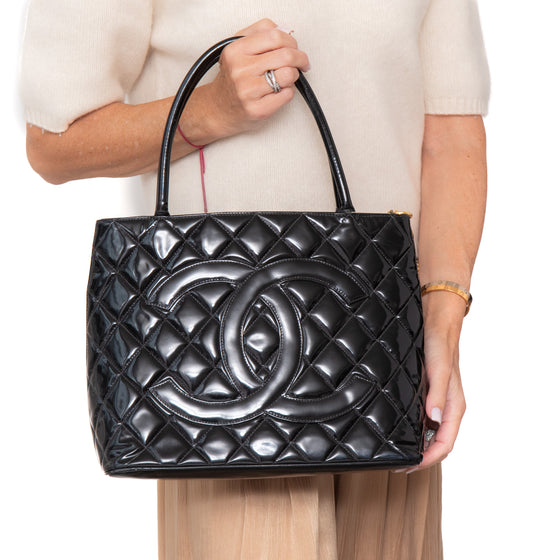 Chanel Vintage Black Quilted Patent Leather  Medallion Tote Bag