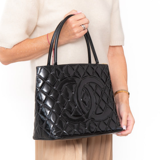 Chanel Vintage Black Quilted Patent Leather  Medallion Tote Bag