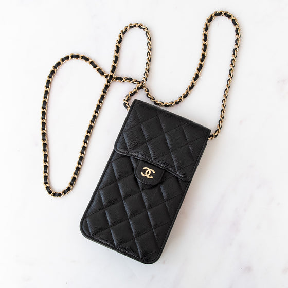 Chanel Black Caviar Leather Phone Holder Crossbody Bag