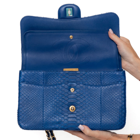 Chanel Blue Python Jumbo Classic  Double Flap Bag