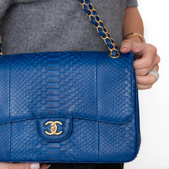 Chanel Blue Python Jumbo Classic  Double Flap Bag