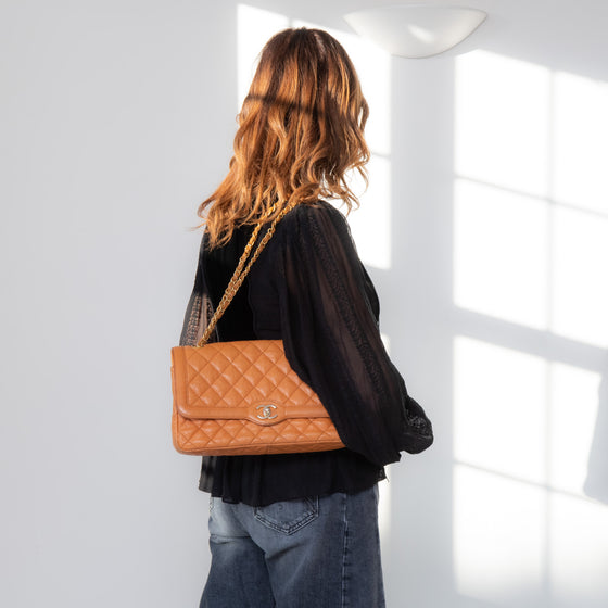 Chanel Quilted Large Two Tone Flap Bag in Orange Brown  Caviar Leather