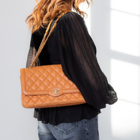 Chanel Quilted Large Two Tone Flap Bag in Orange Brown  Caviar Leather