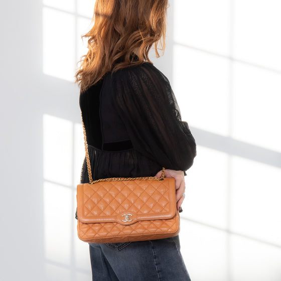 Chanel Quilted Large Two Tone Flap Bag in Orange Brown  Caviar Leather