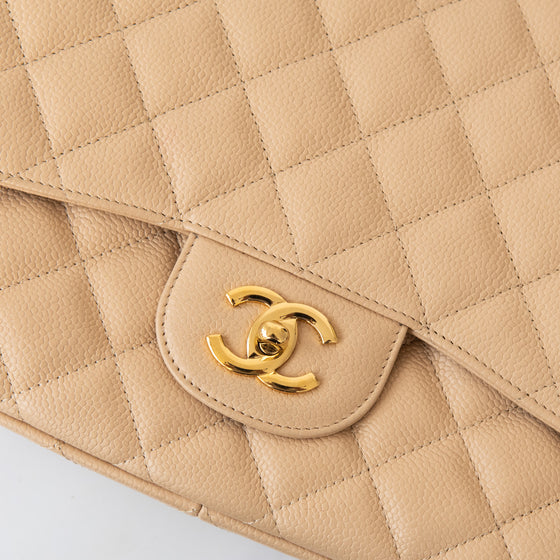 Chanel Beige Caviar Leather Jumbo Classic Single Flap Bag