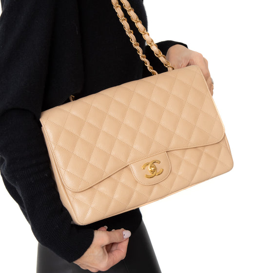 Chanel Beige Caviar Leather Jumbo Classic Single Flap Bag