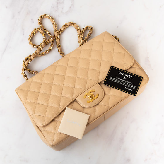 Chanel Beige Caviar Leather Jumbo Classic Single Flap Bag