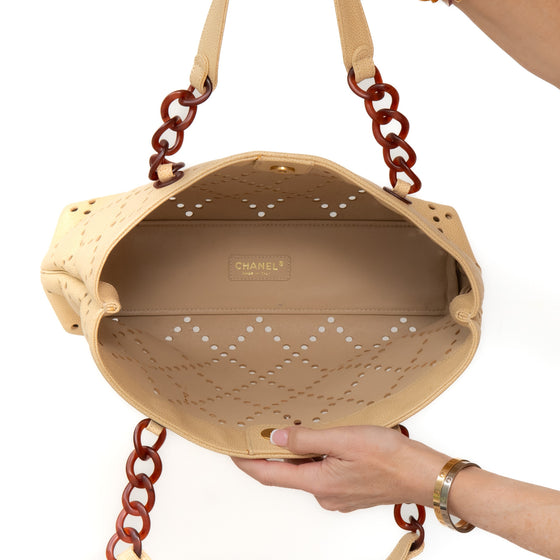 Chanel Beige Caviar Perforated Bekko Chain Tote Bag