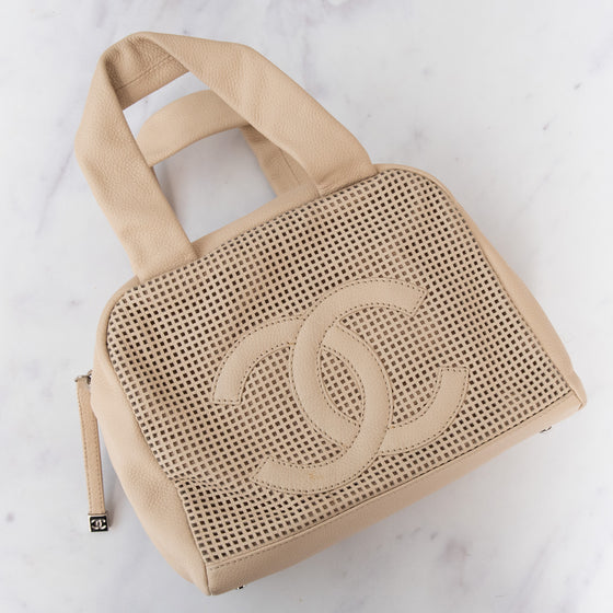 Chanel Vintage Cream Caviar Leather Small Perforated CC Bowling Bag