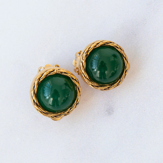 Chanel Vintage Green Cabochon Clip On Earrings