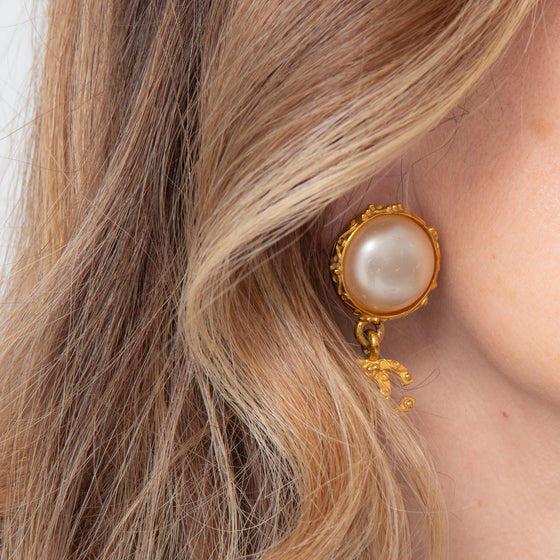 Chanel Vintage Cabochon Pearl CC  Drop Clip On Earrings