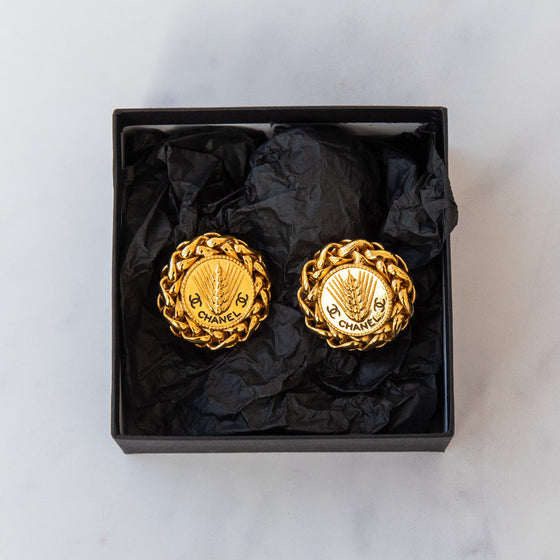 Chanel  Vintage Coco Mark Wheat Motif Round Clip On Earrings.