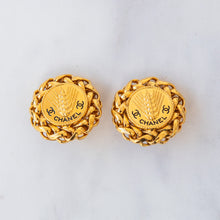  Chanel  Vintage Coco Mark Wheat Motif Round Clip On Earrings.