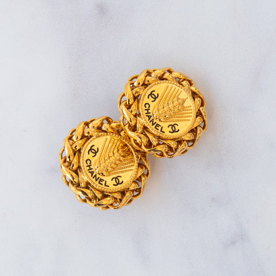 Chanel  Vintage Coco Mark Wheat Motif Round Clip On Earrings.