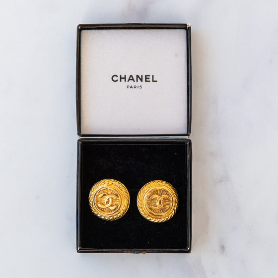 Chanel  Vintage Coco Mark Wheat Motif Round Clip On Earrings.