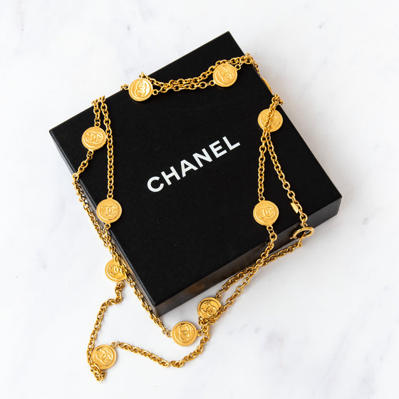 Chanel Vintage Gold Tone CC Logo Coin Medallion Charm Long Necklace