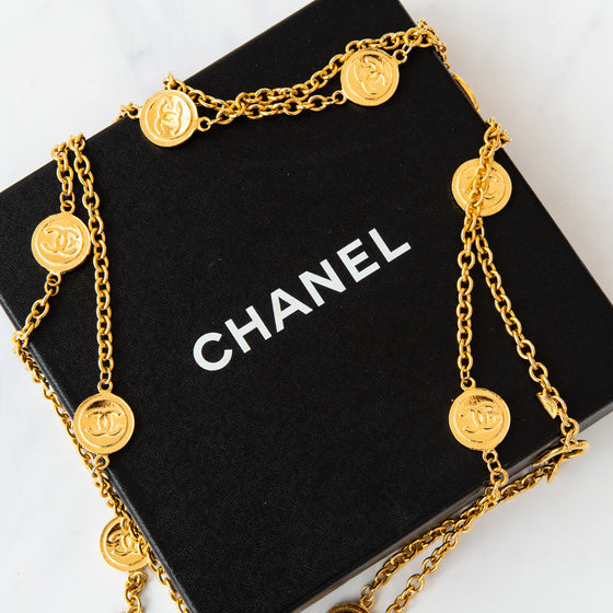 Chanel Vintage Gold Tone CC Logo Coin Medallion Charm Long Necklace