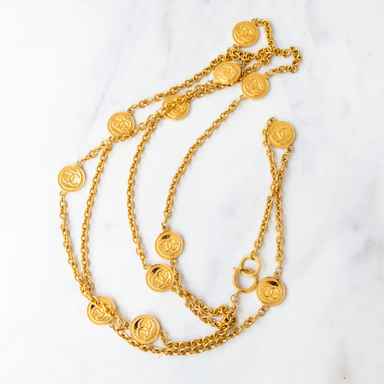 Chanel Vintage Gold Tone CC Logo Coin Medallion Charm Long Necklace