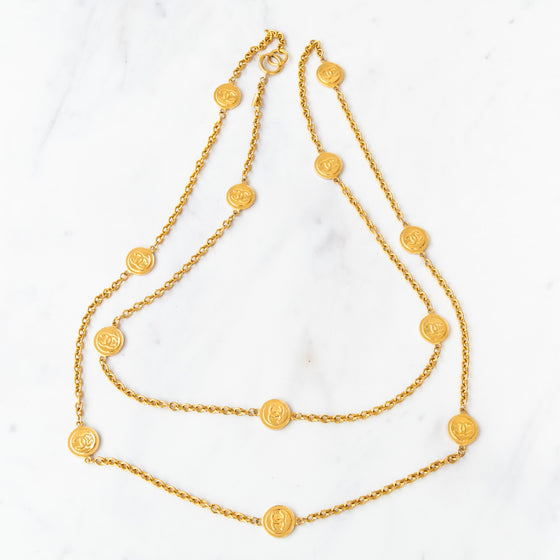 Chanel Vintage Gold Tone CC Logo Coin Medallion Charm Long Necklace