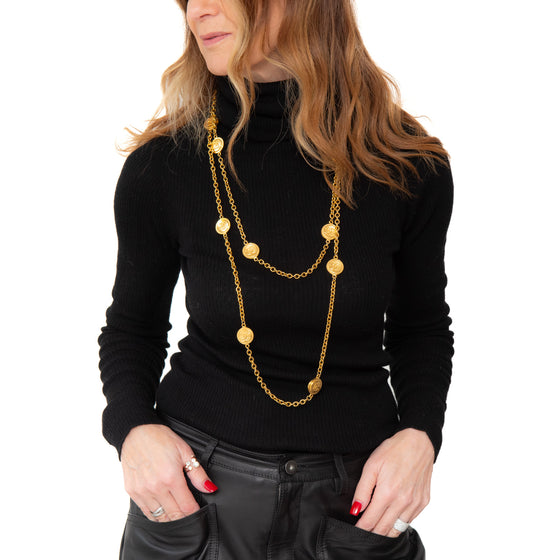 Chanel Vintage Gold Tone CC Logo Coin Medallion Charm Long Necklace