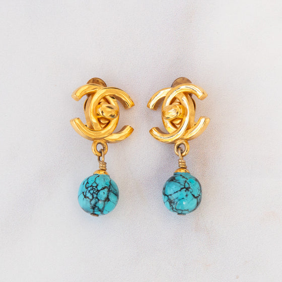 Chanel CC Turquoise Turnlock Clip On Earrings