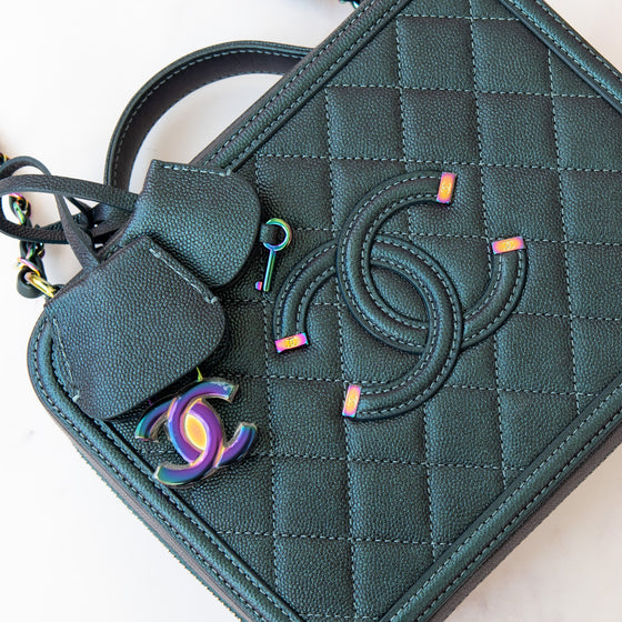Chanel Dark Turquoise Caviar Quilted Leather Medium CC Filigree Vanity Case Iridescent Hardware