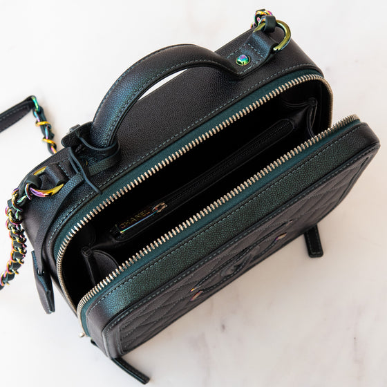 Chanel Dark Turquoise Caviar Quilted Leather Medium CC Filigree Vanity Case Iridescent Hardware