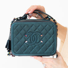  Chanel Dark Turquoise Caviar Quilted Leather Medium CC Filigree Vanity Case Iridescent Hardware