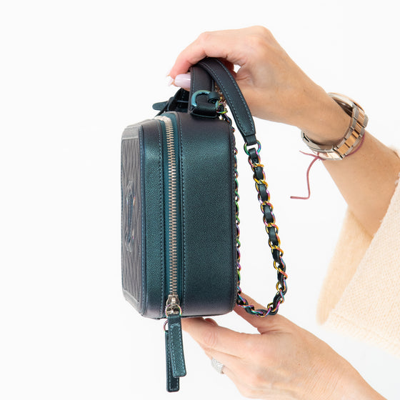 Chanel Dark Turquoise Caviar Quilted Leather Medium CC Filigree Vanity Case Iridescent Hardware
