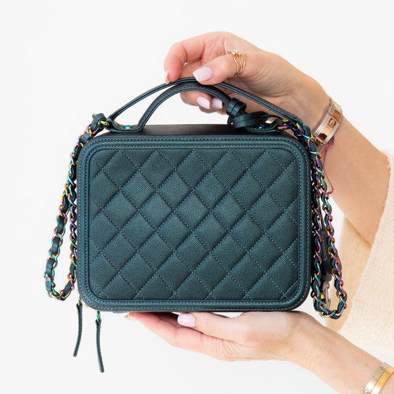 Chanel Dark Turquoise Caviar Quilted Leather Medium CC Filigree Vanity Case Iridescent Hardware