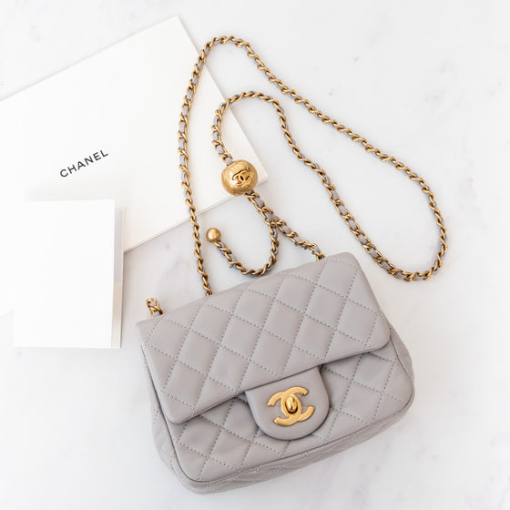 Chanel Light Grey Lambskin Quilted Mini Square  Pearl Crush Flap Bag