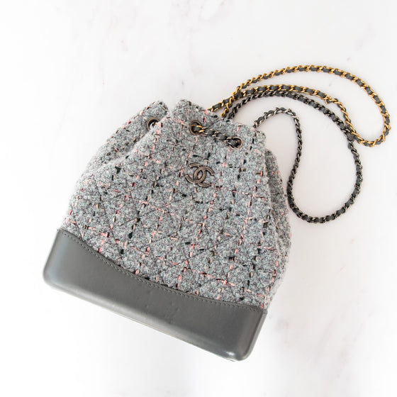 Chanel Quilted Small Gabrielle Backpack in Grey And Pink Boucle Tweed