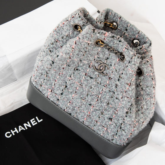 Chanel Quilted Small Gabrielle Backpack in Grey And Pink Boucle Tweed