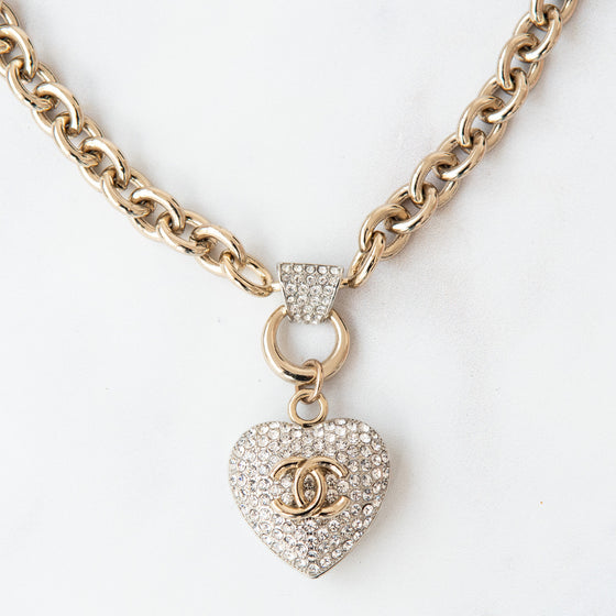 Chanel Strass and Pale Gold Metal CC Heart Necklace 2020