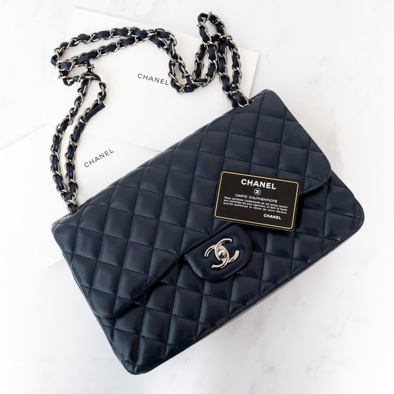 Chanel Navy Jumbo Classic Double Flap Bag In Lambskin Leather