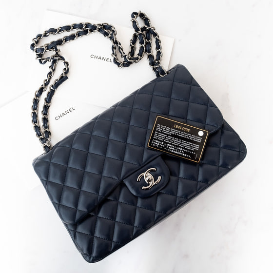 Chanel Navy Jumbo Classic Double Flap Bag In Lambskin Leather