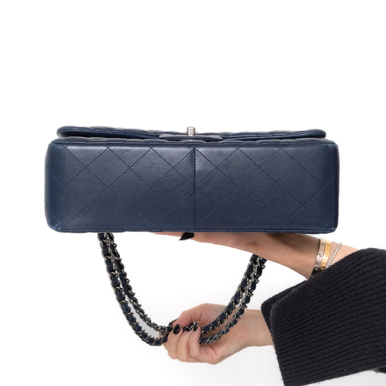 Chanel Navy Jumbo Classic Double Flap Bag In Lambskin Leather