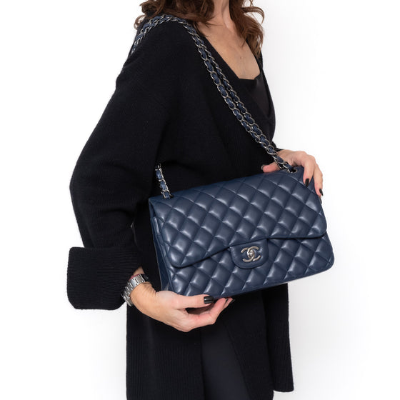 Chanel Navy Jumbo Classic Double Flap Bag In Lambskin Leather