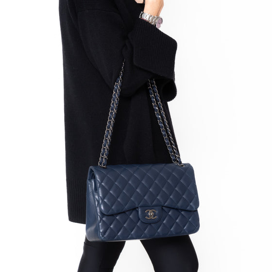 Chanel Navy Jumbo Classic Double Flap Bag In Lambskin Leather