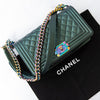 Chanel Metallic Green Leather Rainbow Hardware  Old Medium Boy Bag